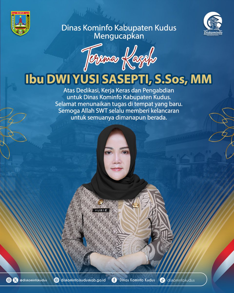 Keluarga Besar Dinas Kominfo Kabupaten Kudus mengucapkan terima kasih kepada Ibu Dwi Yusi Sasepti atas kerja keras, dedikasi, dan pengabdian selama menjadi Kepala Dinas Komindo Kudus.

Semoga Ibu Dwi Yusi Sasepti makin sukses dimanapun berada

Terima kasih Buu Yusii ❤️❤️❤️