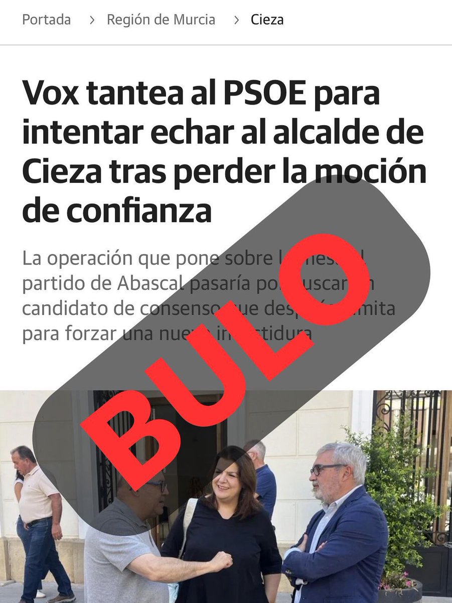Denunciamos una nueva fake news fabricada por el PP y difundida por La Verdad a través de su periodista de confianza, Claudio Caballero, que vive del dinero que pide al PP.

Todo el mundo sabe lo que va a hacer VOX porque somos un partido previsible.