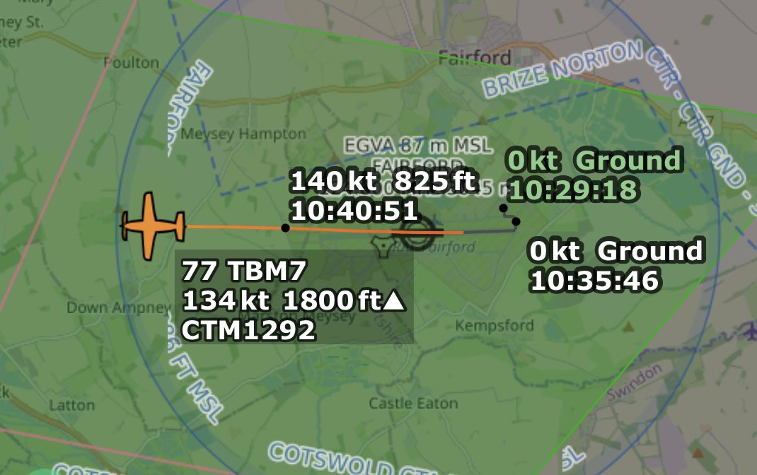 Andyyyyrrrr's tweet photo. 10:42 COTAM 1292 FAF TBM-700
Departed from RAF Fairford likely back to Villacoublay #LFPV after a short visit.
Working Brize Radar 127.255
#CTM1292 Tail : 77 (?) https://t.co/M1LKlXeCd3
