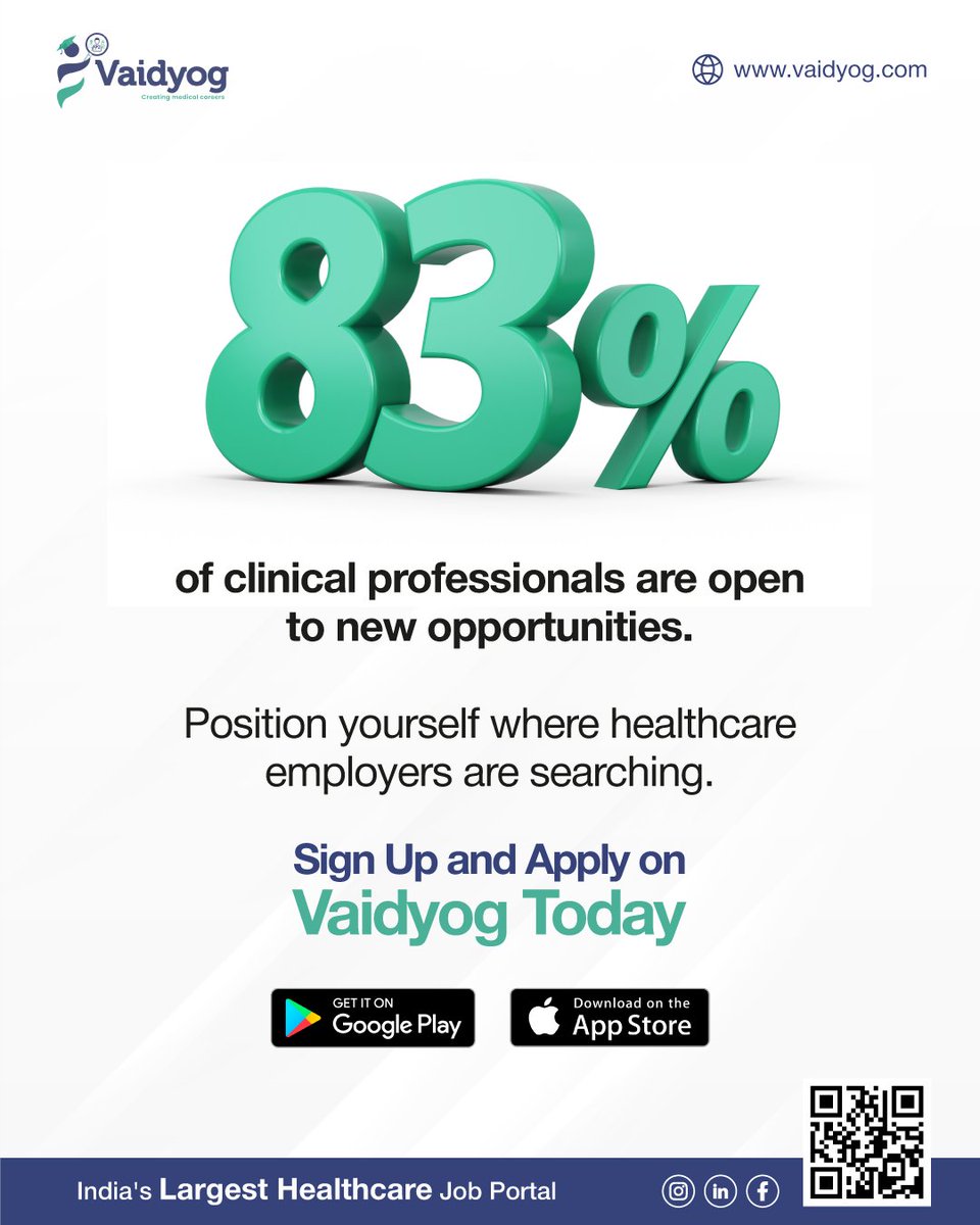 VaidyogOfficial's tweet image. 83% of clinical professionals are open to switching jobs, and recruiters are actively searching for the right fit.
If you're ready for your next role in healthcare, now’s the time to show up.
Create your profile on Vaidyog and apply today.

#Vaidyog #joinVaidyog #HealthcareJobs