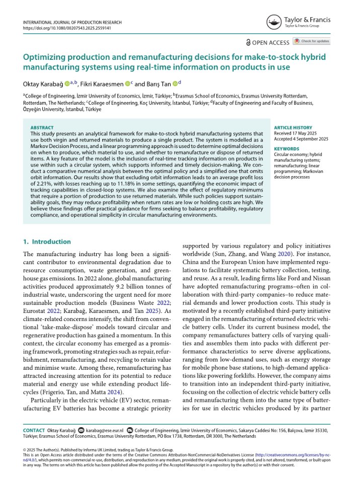 autotwin_eu's tweet photo. #AutoTwinScienceđŹ
đ @autotwin_eu is making waves once more in the scientific world!
Our newest article đ " Optimizing production and remanufacturing decisions for make-to-stock hybrid manufacturing systems using real-time information on products in use" đâď¸ by Oktay KarabaÄ, Fikri Karaesmen & BarĹŠTan is now open everywhere!
Find it in our website đ https://t.co/ZdhTmAV7fn as well as đ in our #Zenodo community!
#Subscribe to our Newsletter https://t.co/k58fywvINHÂ and be part of the final part of our journey!
https://t.co/B3phF4U04A