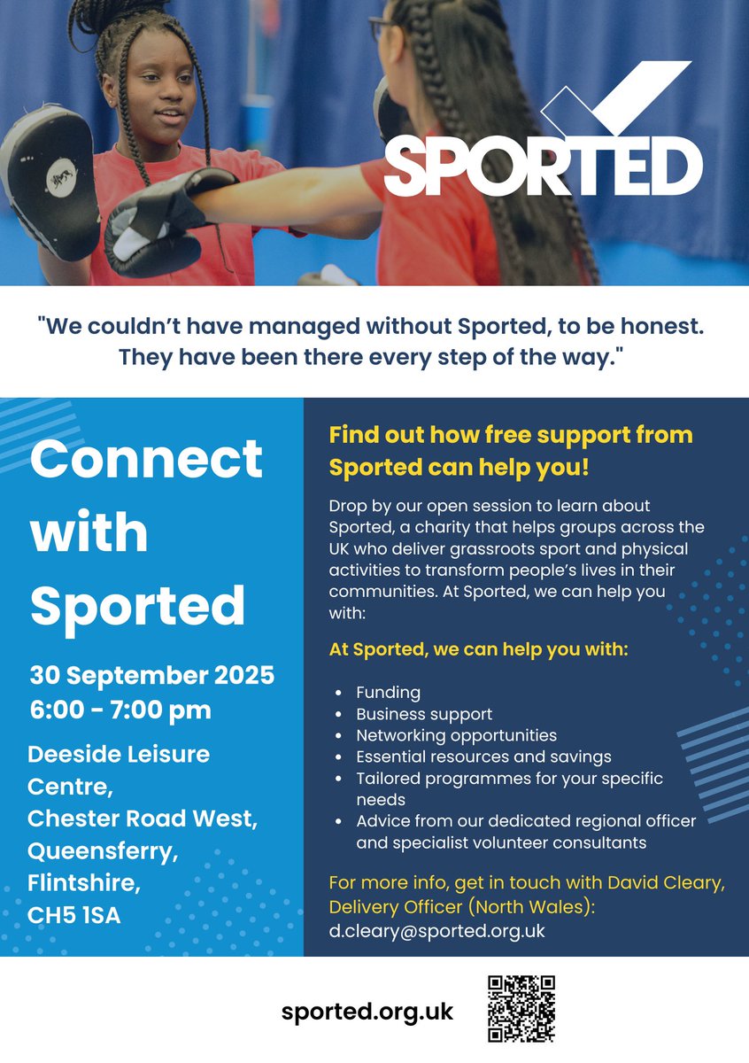 ⏰ Reminder – it’s TONIGHT!
📅 30 Sept | ⏰ 6-7pm
📍 Deeside Leisure Centre
Join our open session with Sported &amp; find out how they can support your club with funding, business help, networking &amp; more! 🙌 #NorthWales #Sported #CommunitySport #GrassrootsSport