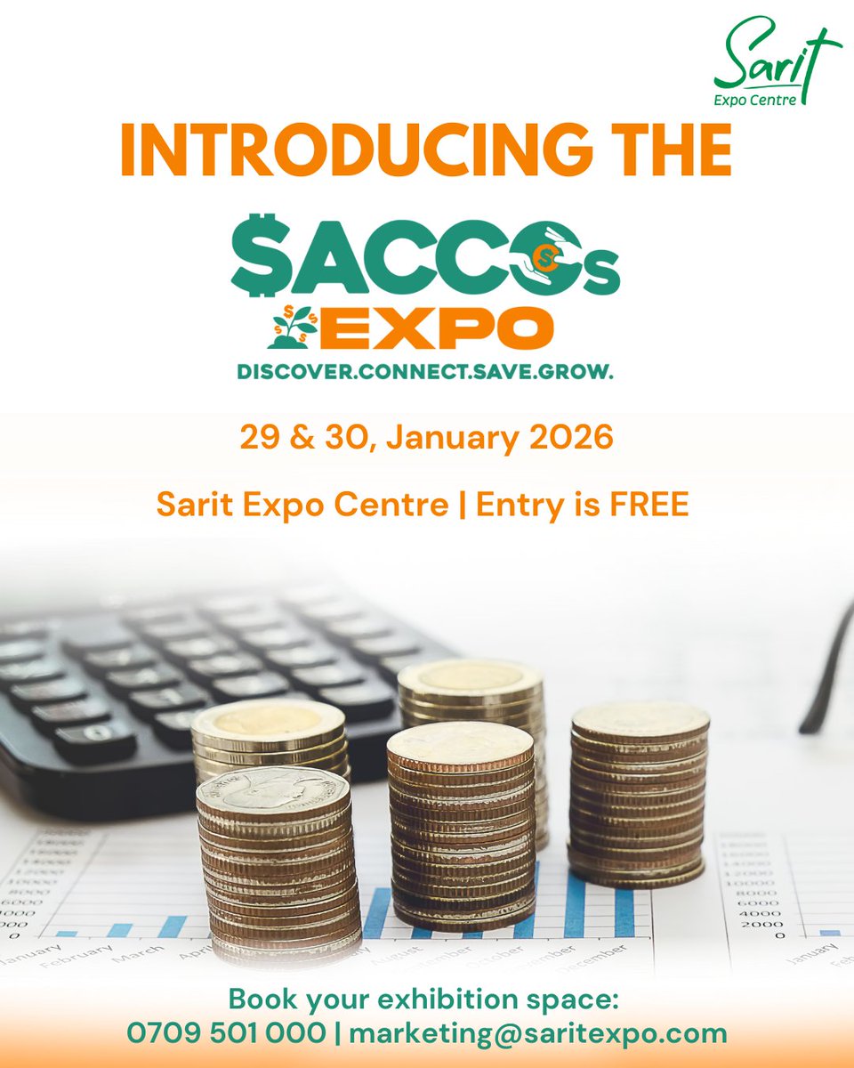 SaritThe's tweet image. Calling all SACCOs, financial institutions &amp;amp; solution providers!
Be part of the 1st SACCOs Expo happening on 29–30 January 2026 at Sarit Expo Centre. 
📞 Book your space: 0709 501 000 | marketing@saritexpo.com

#SaccosExpo #ExhibitWithUs #SaritExpoCentre #DiscoverConnectSaveGrow