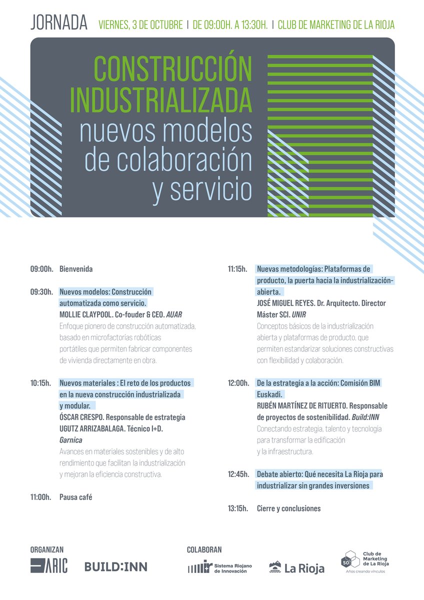 Clúster ARIC (@clusteraric) on Twitter photo PROGRAMA |  Construcción Industrializada, con nuevos modelos de colaboración y servicio. 📅 3 oct · 09:00–13:30 -📍 Club de Marketing de La Rioja
INCRIPCIONES ABIERTAS: forms.gle/8o4eFuuZESFFFp… PROGRAMA |  Construcción Industrializada, con nuevos modelos de colaboración y servicio. 📅 3 oct · 09:00–13:30 -📍 Club de Marketing de La Rioja
INCRIPCIONES ABIERTAS: forms.gle/8o4eFuuZESFFFp…