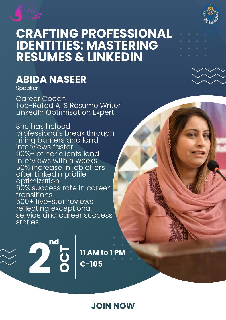 abida_resume's tweet photo. Alhamdulillah! 

Excited to share that I have been invited by Riphah Intl. Uni to conduct a session on:

 “Crafting Professional Identities: Mastering Resumes &amp; LinkedIn”

I am looking forward to engaging and guiding them to build impactful resumes and use LinkedIn strategically. https://t.co/k4bsaSoOUr