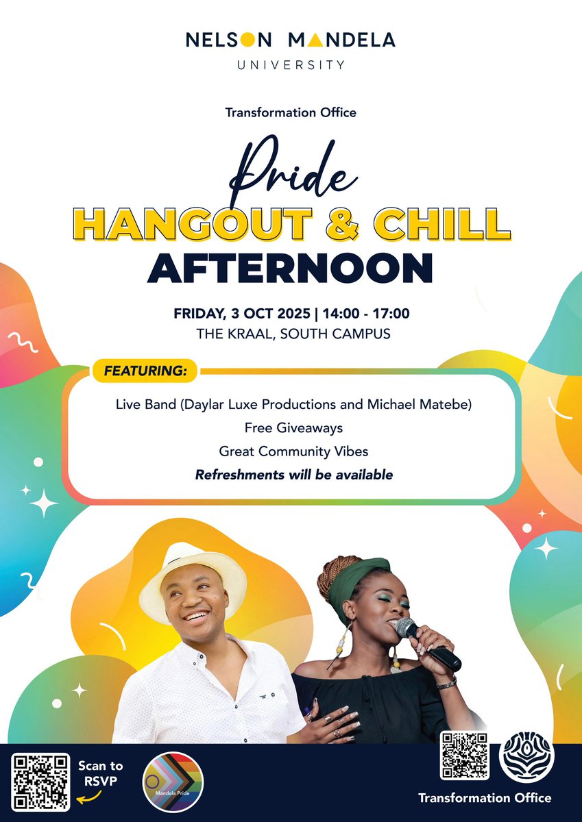 MadibazRadio's tweet image. 🌈🎉Get ready to vibe,connect and Celebrate!🌈🎉

Join us for a pride hangout and chill afternoon like no other!💃🏳️‍🌈

📅 Friday,3rd Oct 2025
⏰️ 14:00-17:00 
📍 The Kraal, South Campus

It's all about love, music, pride, and You!🏳️‍🌈🌟

#Pride2025
#PrideMonth 
#Madibaz