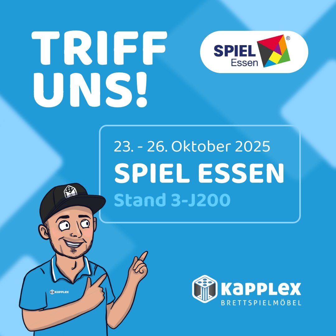 In wenigen Wochen ist es soweit: Die #SPIEL25 öffnet in Essen ihre Tore 🥳
Wir sind mit dabei – mit vielen Verlagspartnern, bei denen ihr Neuheiten direkt an unseren Kapplex-Tischen erleben könnt. Außerdem habt ihr die Chance, eines unserer Ausstellungsstücke günstig zu ergattern