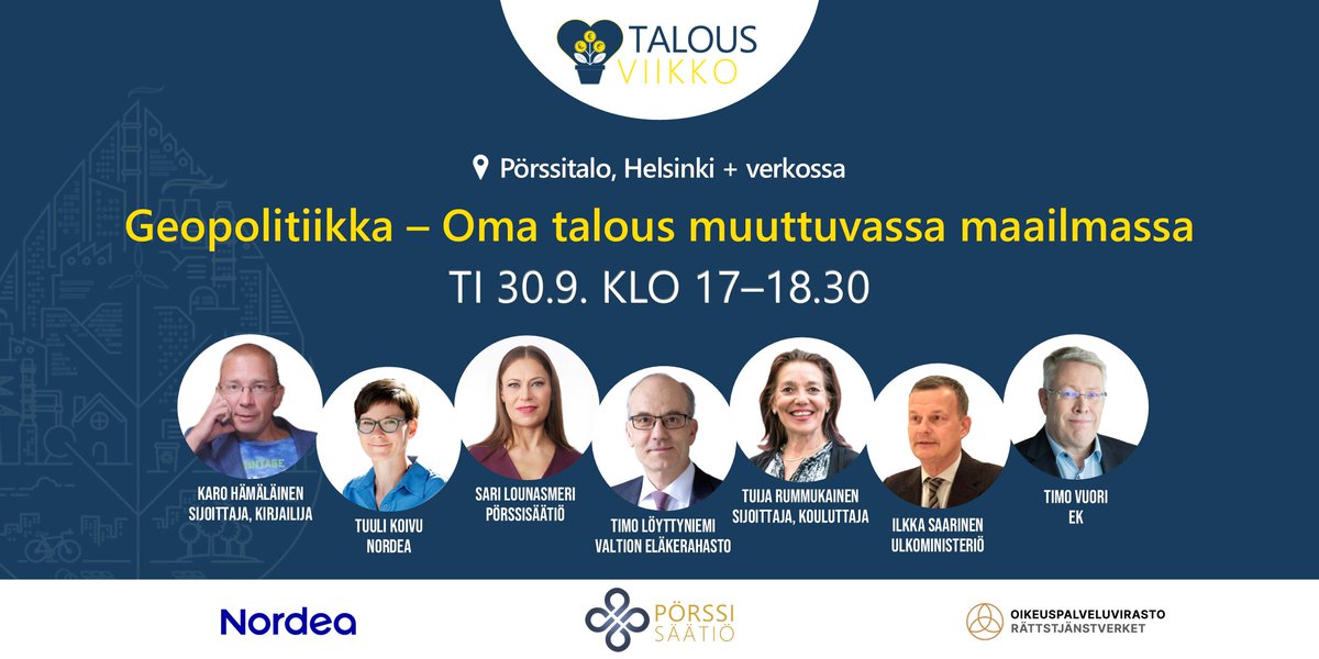 Porssisaatio's tweet photo. Mitä taloudessa tapahtuu &amp; miten geopoliittisiin muutoksiin tulisi reagoida?
Tänään #Talousviikko’n teemana Geopolitiikka – Oma talous muuttuvassa maailmassa.
Mukana asiantuntijoita eri aloilta.
Katso etänä 👉 https://t.co/zJSb8uMQxG

#geopolitiikka #sijoittaminen #globaalitalous https://t.co/TVmfTuYgcf