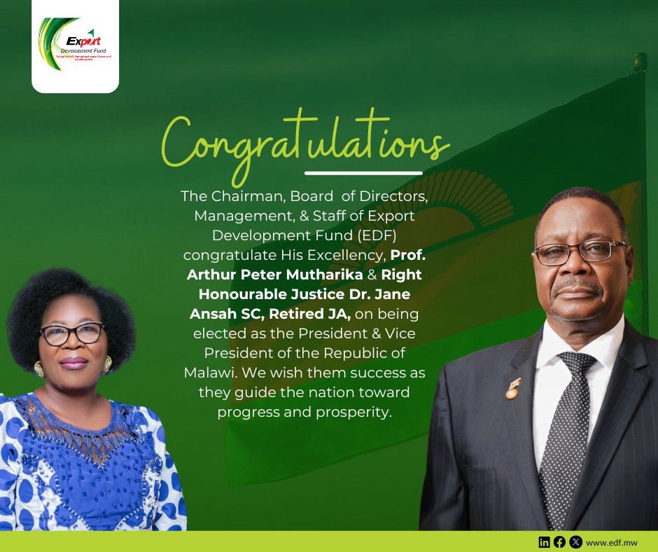 We join the nation in congratulating His Excellency Professor Arthur Peter Mutharika and Right Honourable Justice Dr. Jane Ansah SC (Retired JA) on their election to serve as President and Vice President of the Republic of Malawi.