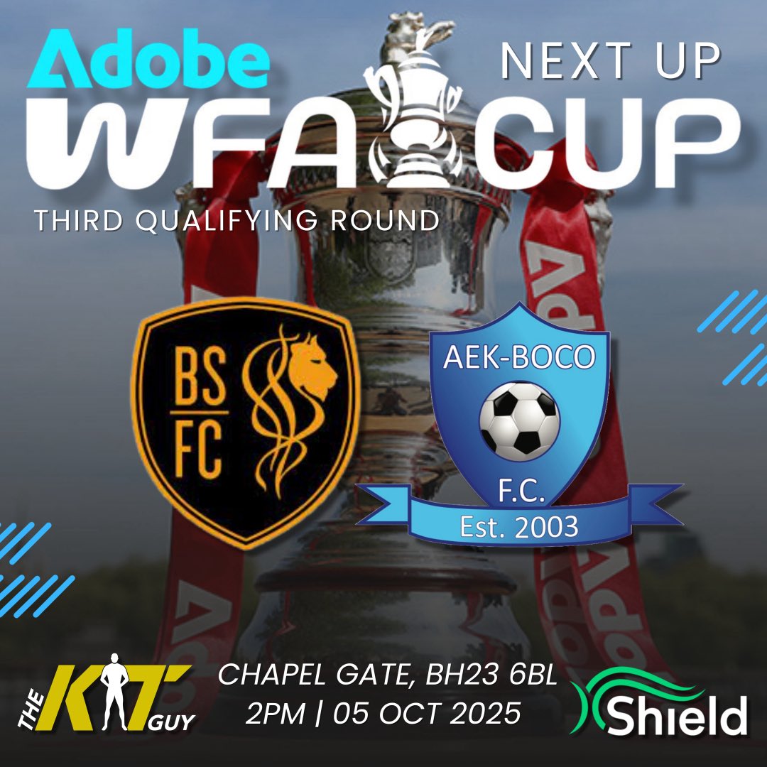 IT’S FA CUP WEEK 🏆

Next up this Sunday it’s <a href="/AdobeWFACup/">Adobe Women's FA Cup</a> time with a trip to South Coast as we face National League side <a href="/Bmthsportswfc/">Bournemouth Sports FC Women</a> in the Third Round Qualifying 🟦

📍 CHAPEL GATE, BH23 6BL
🎟️ £5 ADULTS £2 CONCESSIONS

#uptheboco