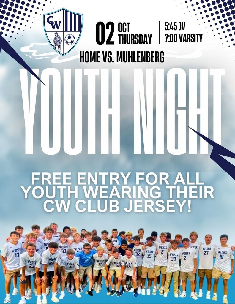 ⚽🥅⚽
Come out and support the Boys Soccer Team for Youth Night! Thursday, October 2nd, all youth players wearing their CW youth club jersey get free entry into the game!⚽
JV Game starts at 5:45, Varsity will kick off around 7:00!
@ConradWeiserHighSchoolBoysSoccer
#WeAreWeiser