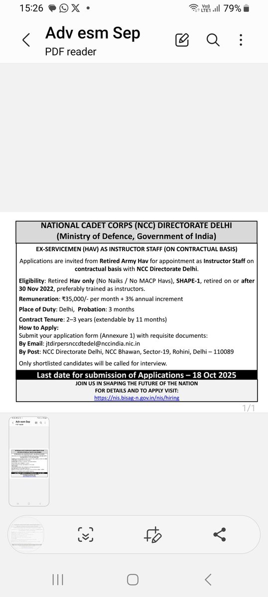 Ex-Servicemen Hiring Delhi Directorate NCC*
Calling retired Havàldar for appointment as Instructor Staff in NCC on Contractual basis. Golden Opportunity to serve Country again with  pride. For maximum circulation to interested ex faujis.