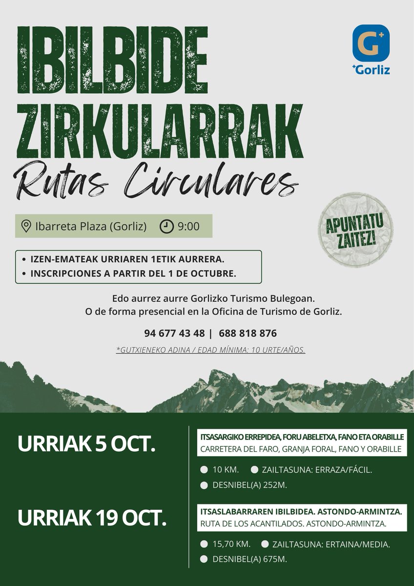📣 ¡Atención amantes del deporte y la naturaleza! 
 
Mañana, 1 de octubre a las 10:00 h, abrimos inscripciones para:

• Rutas Circulares de Gorliz: 5 y 18 octubre
• Salida Nordic Walking: 11 de octubre

Inscripciones en Oficina de Turismo: 94 677 43 48