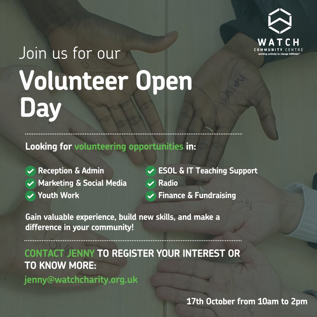 You're invited to our VOLUNTEER OPEN DAY!

The session will be broken up into smaller group sessions 10-11am, 11:30am - 12:30pm and 1-2pm.

Please register interest with Jenny if you're interested in attending or would like to know more: jenny@watchcharity.org.uk

<a href="/HillzFM/">Hillz FM Radio 98.6</a>