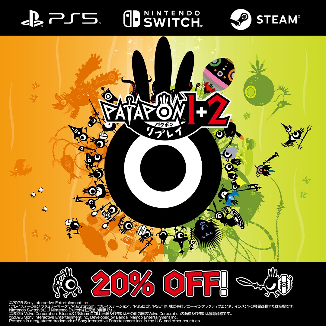 ◉◉◉＼＼ファーストセール開催中！／／◉◉◉

『パタポン1＋2 リプレイ』のファーストセールを開催中！✨

各プラットフォーム(PlayStation®5/Nintendo Switch™/STEAM®)のストアにて、
お得な価格でお求めいただけます💰

まだ本作をプレイしたことのない「かみさま」も、