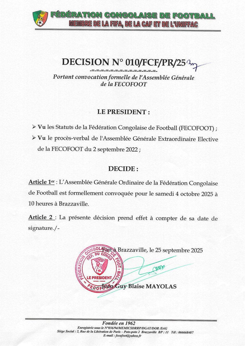 fecofoot_cg's tweet photo. Décision portant convocation formelle de la l'assemblée générale ordinaire de la FECOFOOT. https://t.co/GCU6toFUsG