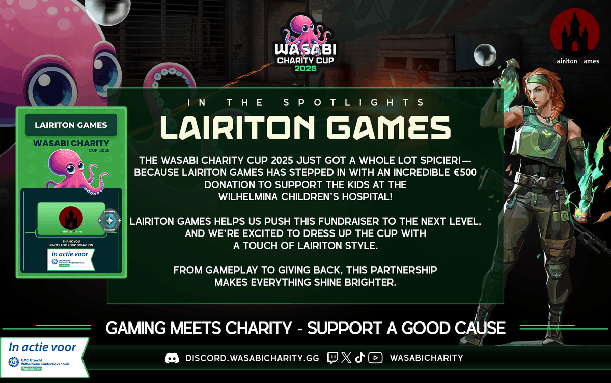 WasabiCharity's tweet photo. With an amazing €500 donation, @LairitonGames  joins the Wasabi Charity Cup as Platinum Donator in support of the Wilhelmina Children’s Hospital!💚 #Valorant #Charity https://t.co/mTCOJXnzwW