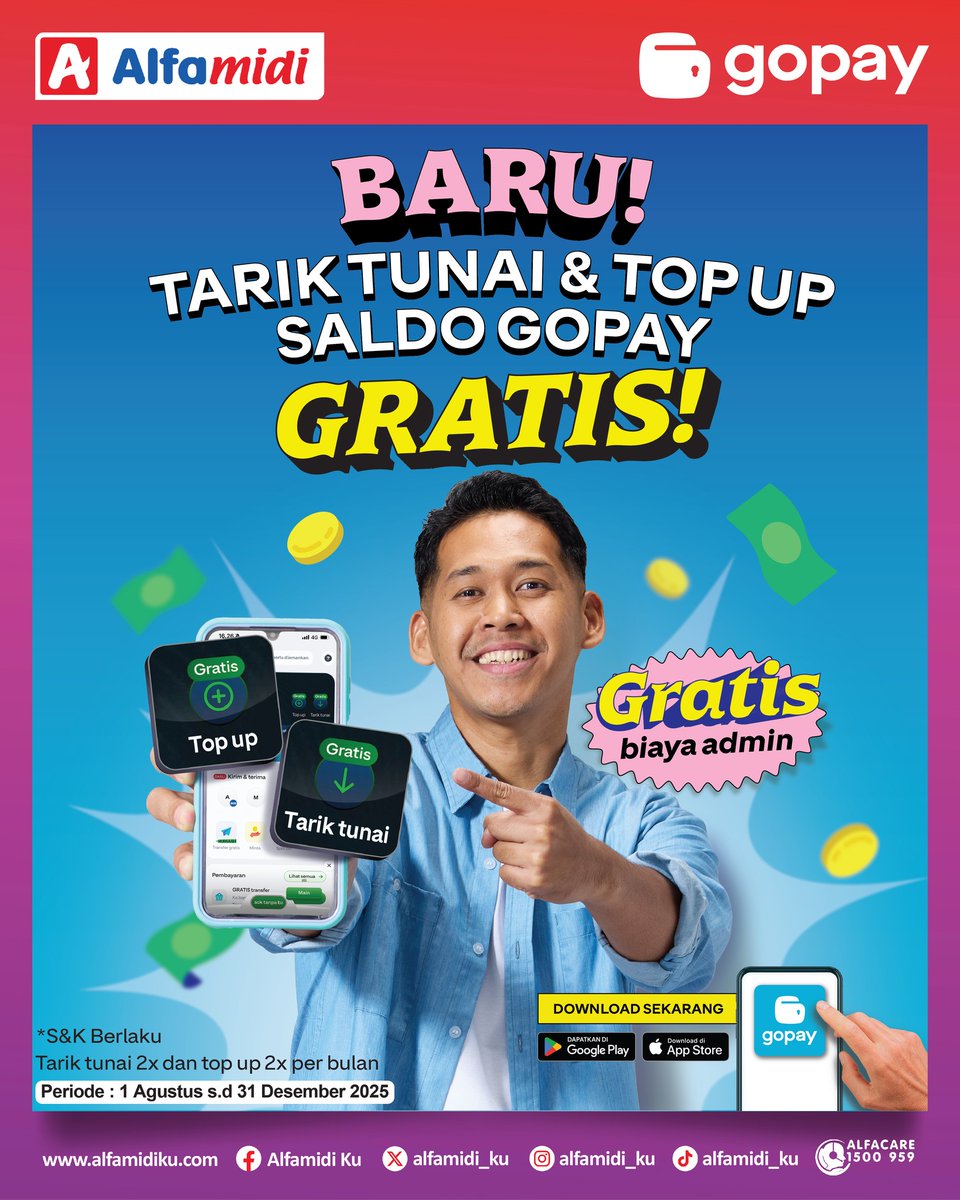alfamidi_ku's tweet photo. Top Up &amp; Tarik Tunai GoPay di Alfamidi sekarang bisa GRATIS, lho! 😍

Nggak cuma satu, tapi GRATIS 2x top up dan tarik tunai!
Langsung dari aplikasi aja. Gampang, cepatt, gak kena biaya ✔

#Alfamidi #GoPay #GratisTanpaRibet #PromoAlfamidi #TopUpGoPay #TarikTunaiGoPay https://t.co/ZLLD6WMDwy