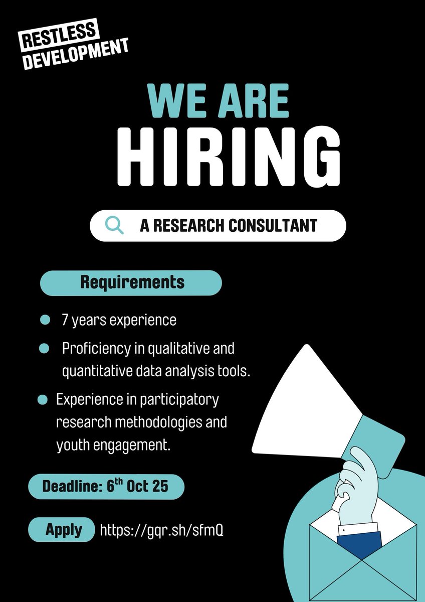 Restless_Uganda's tweet image. We are seeking a Research Consultant to lead the development of the 2025 State of Youth Civil Society Report. This report will provide a comprehensive picture of the state of youth civil society in Uganda.

Apply here: gqr.sh/sfmQ 
Closing Date: 6th October 2025, 5PM…