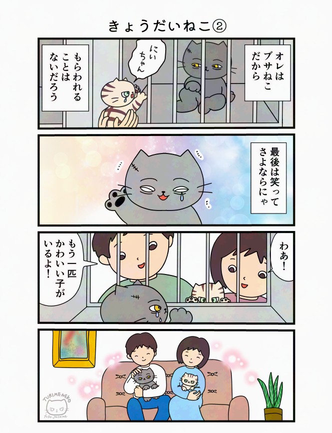 fukojasmine's tweet image. もらい手のないブサねこお兄ちゃんは、もらわれて行く弟ねこを笑顔で見送る・・・

先日の続きです☺️

＃4コマ漫画 #漫画が読めるハッシュタグ