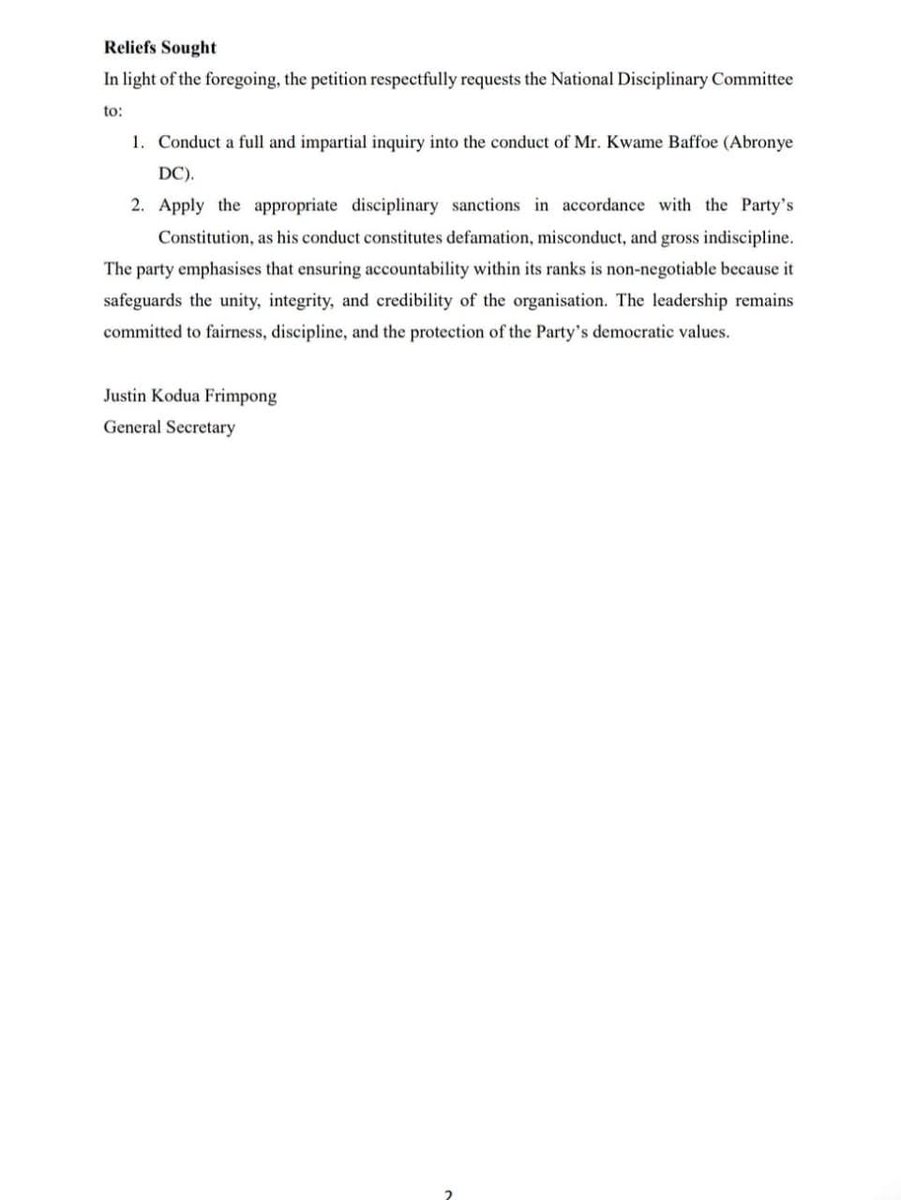JUST IN:
NPP General Secretary Justin Kodua petitions party disciplinary committee over Abronye’s conduct toward Ken Agyapong and himself; argues Abronye's conduct constitutes defamation, misconduct and gross indiscipline