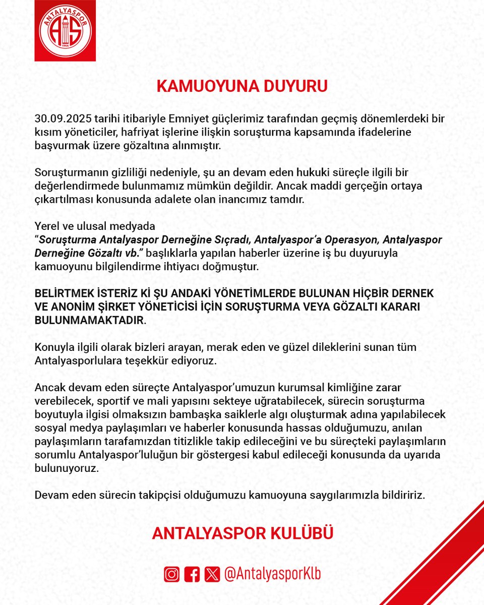 📌 Kamuoyuna Duyuru

30.09.2025 tarihi itibariyle Emniyet güçlerimiz tarafından geçmiş dönemlerdeki bir kısım yöneticiler, hafriyat işlerine ilişkin soruşturma kapsamında ifadelerine başvurmak üzere gözaltına alınmıştır.

Soruşturmanın gizliliği nedeniyle, şu an devam eden hukuki