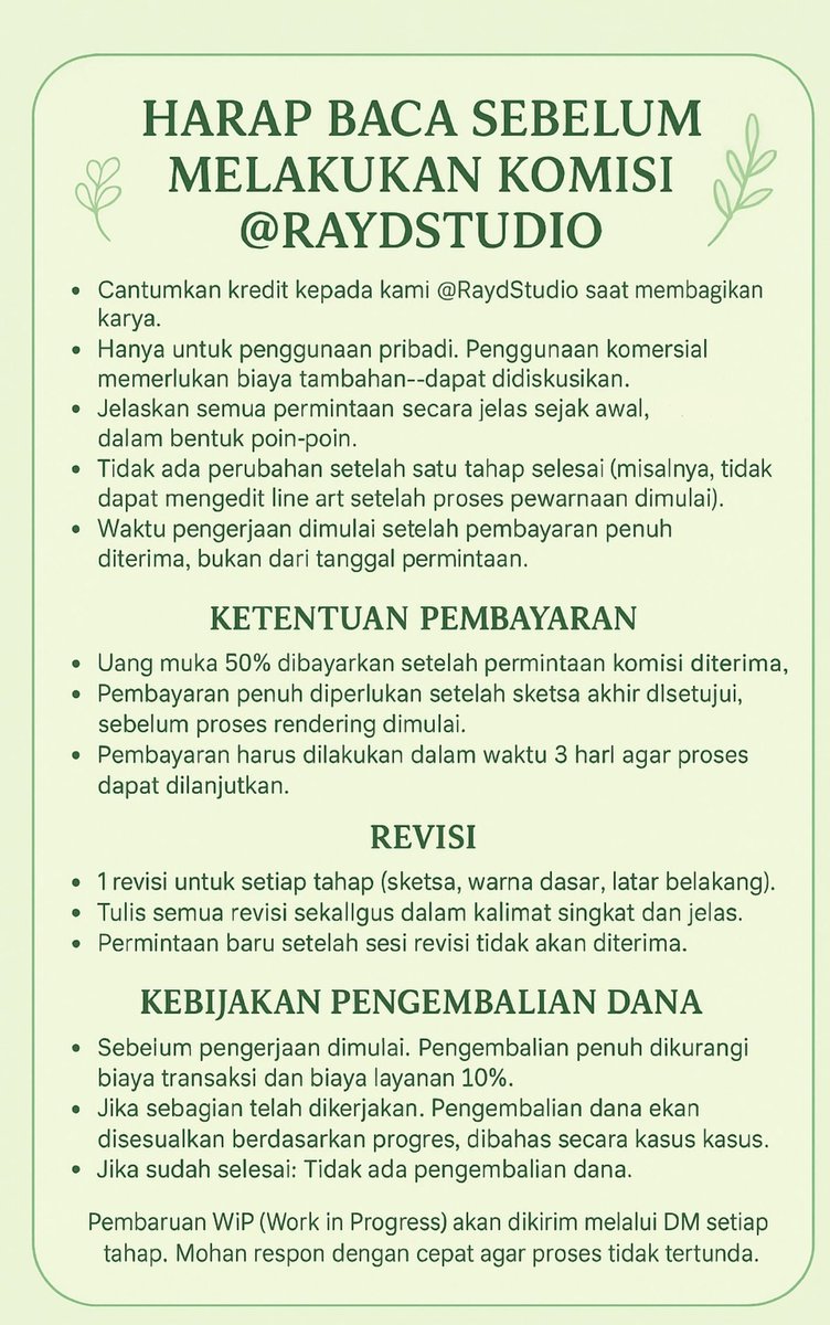 ✨RAYD STUDIO COMMS SHEETS✨

Alerta, alerta! 🚨 ‼️ 

Rayd lagi buka comms nih!^^ 
With updated portfolio too!✨

💌Dm me here or on insta for details ><

📌Available on Vgen too:

vgen.co/RaydStudio