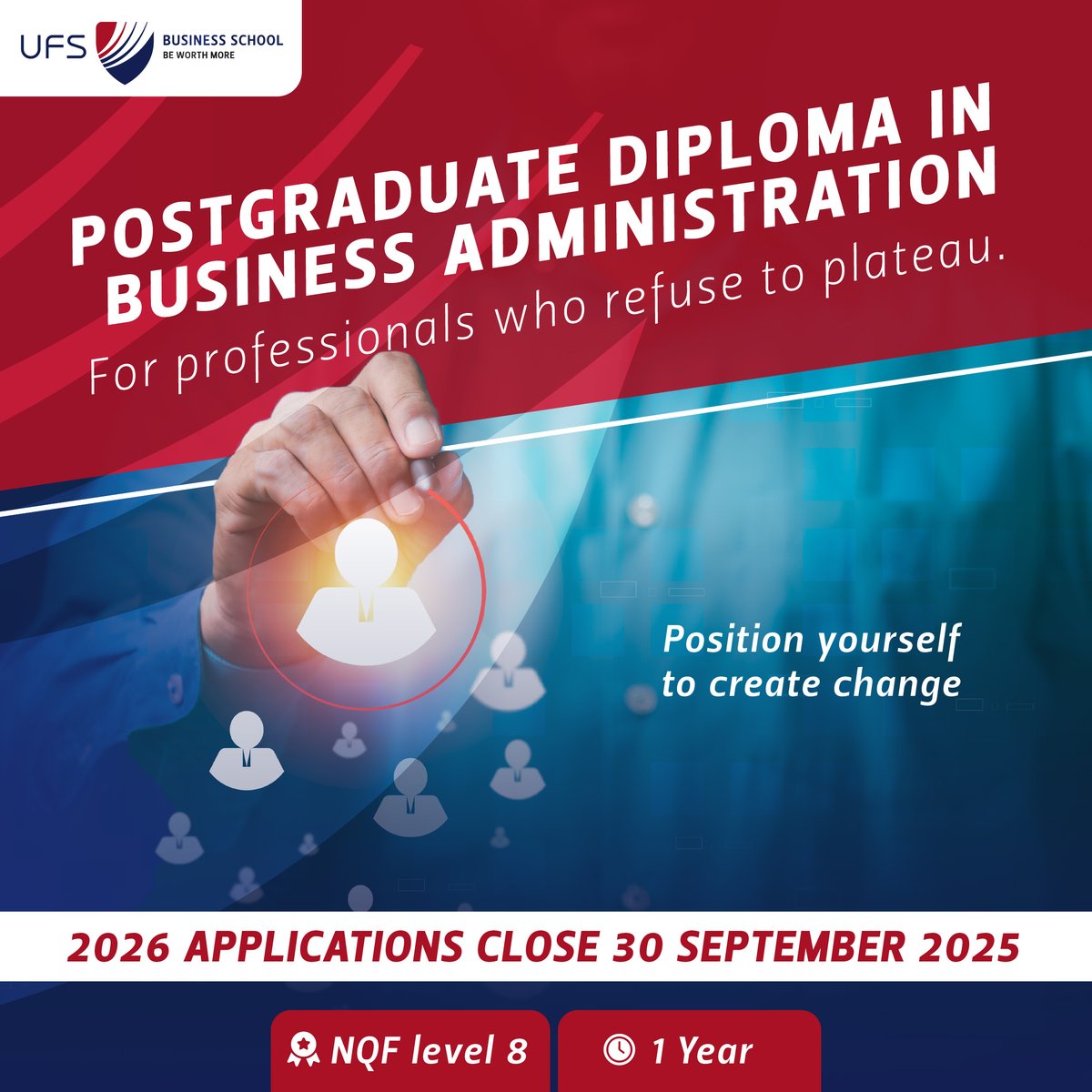The PGDiP is your chance to sharpen your leadership edge, broaden your business lens, and stand out.
⏳ Applications for 2026 close 30 September 2025.

Apply at bit.ly/46Lsian  | Direct enquiries to bus@ufs.ac.za. 

#BeWorthMore | #UFSBusinessSchool | #GrowStrategically