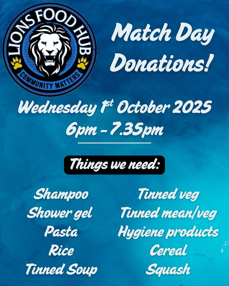 Match day donations tomorrow hope to see lots of you there. We truly thank everyone that donates and supports us to help as many families that need our support in the community 💙🦁