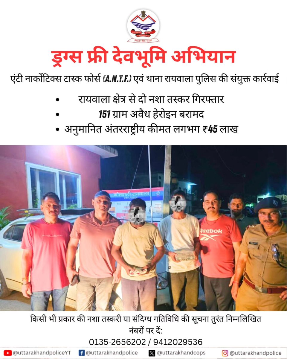 🚨 ड्रग्स फ्री देवभूमि अभियान 🚨

ANTF व रायवाला पुलिस की संयुक्त कार्रवाई में
🔹 02 नशा तस्कर गिरफ्तार
🔹 151 ग्राम हेरोइन बरामद (कीमत ~₹45 लाख)

👉 नशे से दूर रहें
👉 संदिग्ध गतिविधि की सूचना दें: 0135-2656202 / 9412029536

#UttarakhandPolice #DrugFreeDevbhoomi 🚔