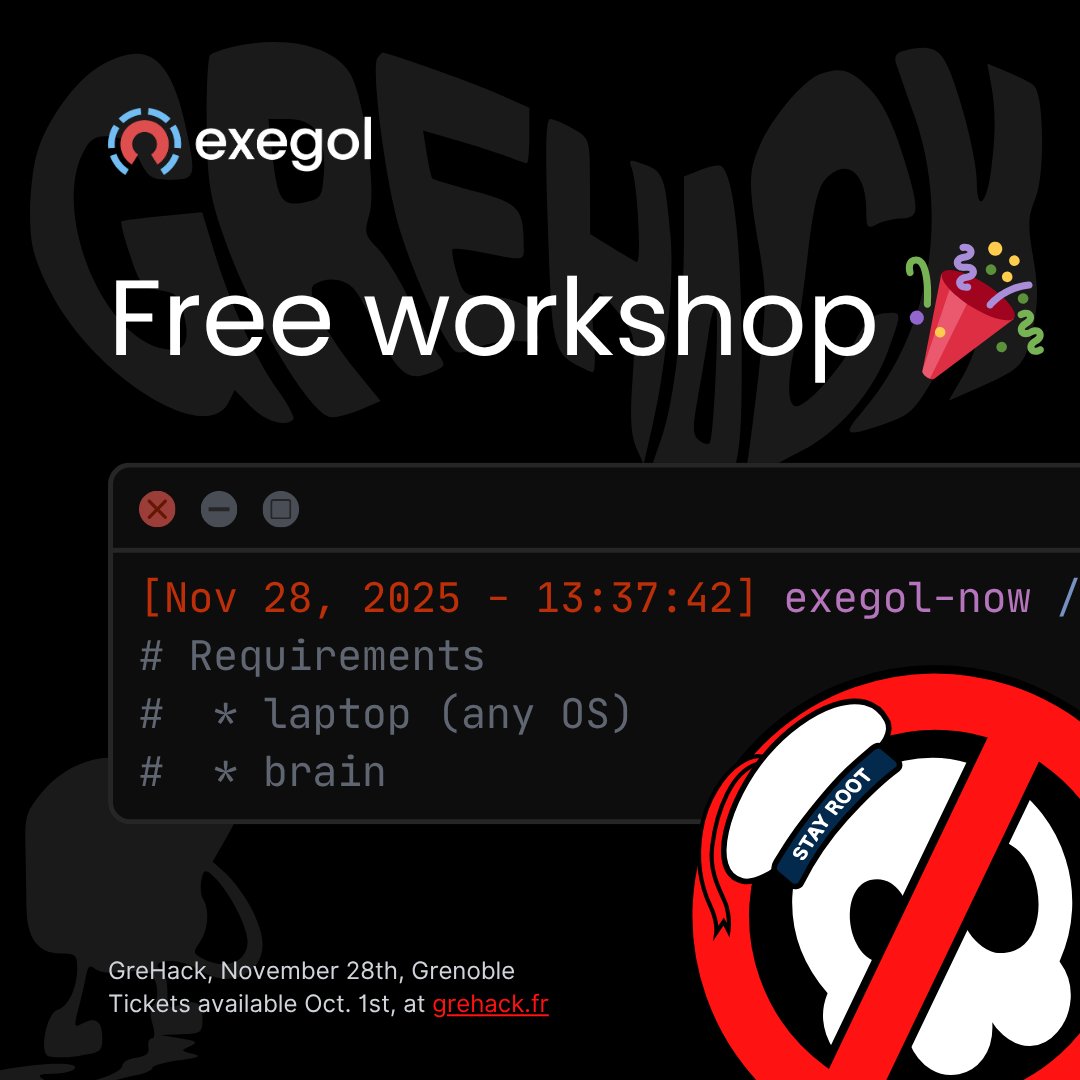 90min workshop, at <a href="/grehack/">GreHack infosec conf</a> 
Ticket available tomorrow 10AM
Bring a laptop 💻, we'll take care of the rest