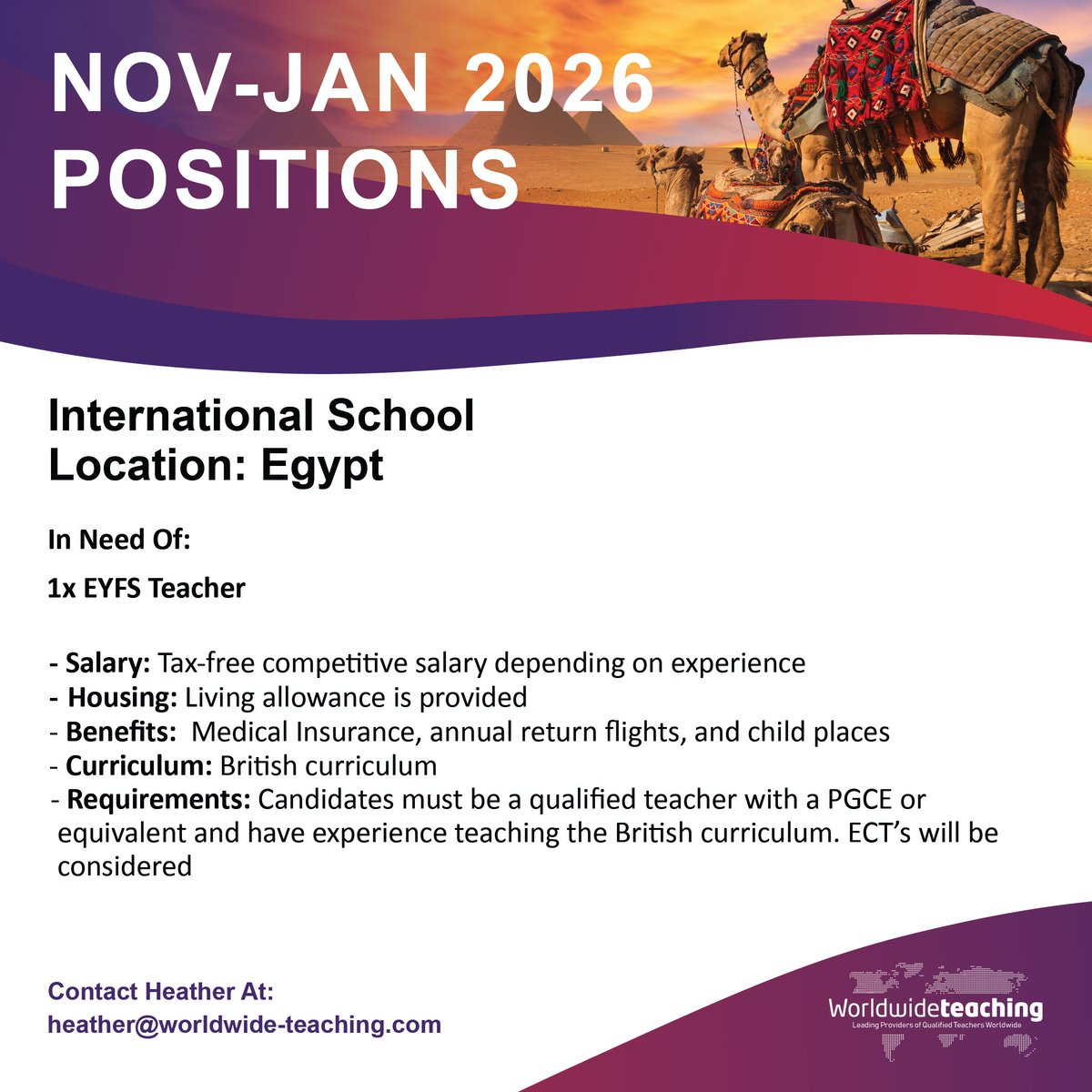 Worldwide_Teach's tweet photo. Is Egypt calling your name? ☀️ We're looking for a passionate EYFS Teacher to join a leading International School starting Nov 2025/Jan 2026!

Send your CV to: heather@worldwide-teaching.com

#TeachInEgypt https://t.co/3UX2iQY77s