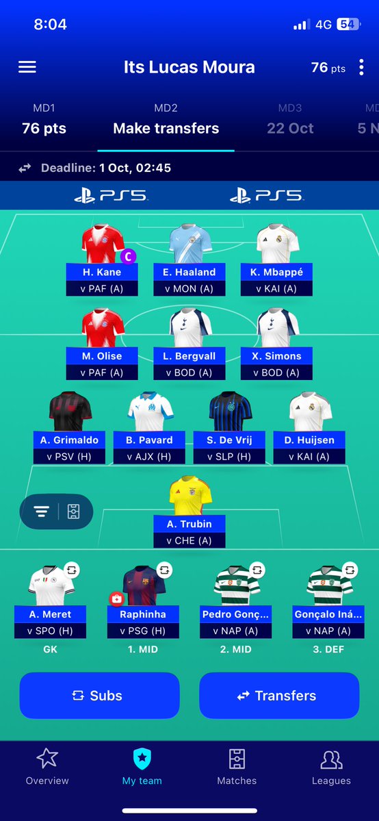 Locked in 🔒MW2…

- Raphinha injured but I’d already made my transfers 😂 
- Bergvall in 🇸🇪 
- De Vrij in 🇳🇱 
- Kane 🧢 
- Haaland backup 🧢 

#UCL #UCLFantasy