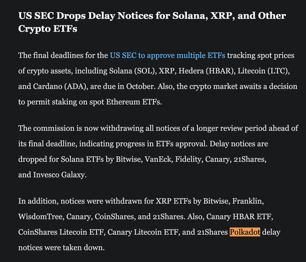 DOT ETF approval on October 2? 👀 • DOT fully meets all requirements under  “Generic Listing Standards” • SEC has dropped Delay Notices for upcoming  crypto ETFs, signaling favor toward prompt approval •