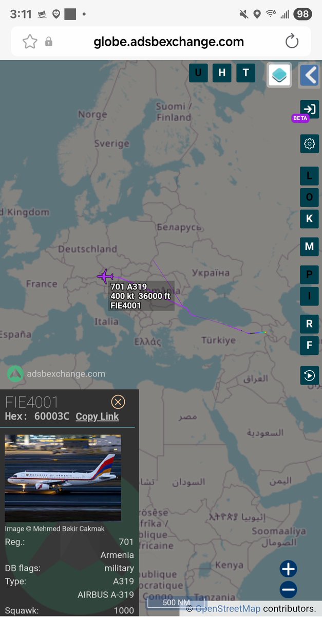 Borrowed7Time's tweet photo. Armenian Govt A319-132(ACJ) reg 701 #60003C as FIE4001 en route from Yerevan to Strasbourg with PM Nikol Pashinyan on board. He will attend the session of the Parliamentary Assembly of the Council of Europe (PACE).
@sipjack1776 @Aeternum7 @LadyAstroJet @GeoVolatileVar https://t.co/tR1YkkZDBQ
