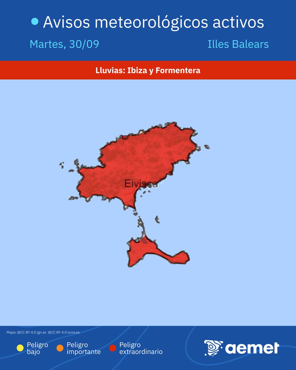 🔴AVISO ROJO | Lluvias torrenciales en Ibiza y Formentera.

➡️ Más de 180 mm en doce horas. ¡Precaución! Peligro extraordinario. Puede haber inundaciones y crecidas repentinas de cauces. 

➡️ El aviso está vigente hasta las 16:00 h.