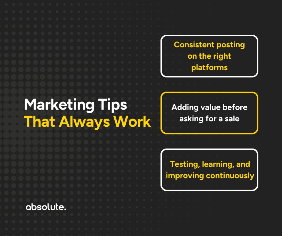 🎉 Some marketing tips never fail:

✅ Post consistently, add value before asking for a sale, and keep testing + learning. 

Stick with these and you’ll stay strong through every trend. What timeless tip would you add?

#MarketingTips #DigitalMarketing