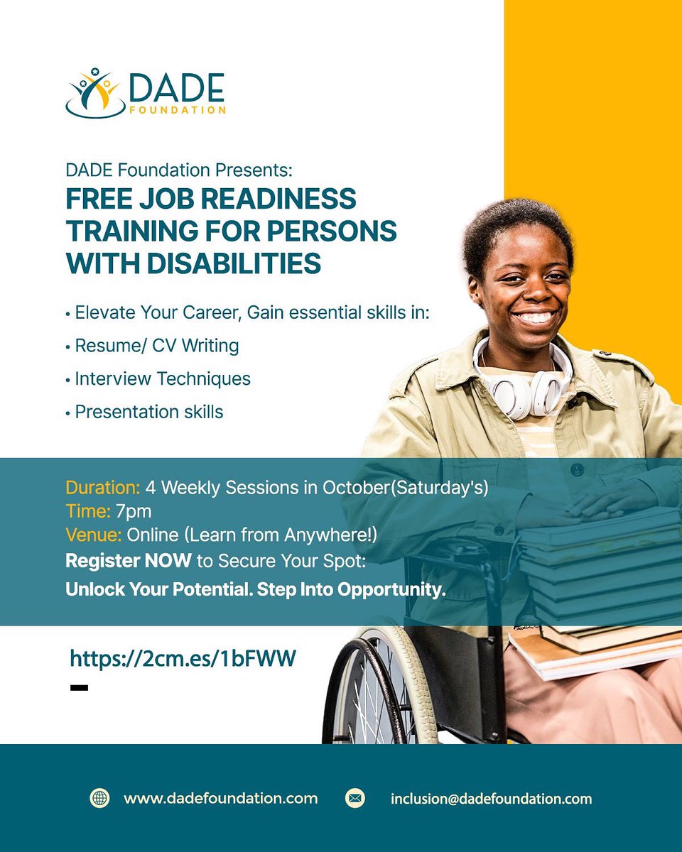 DADEFoundation's tweet image. Free Job Readiness Training for Persons with Disabilities!
Learn CV writing, interview &amp;amp; presentation skills in 4 online Saturday sessions this Oct, 7PM.

Register: 2cm.es/1bFWW

#InclusionMatters #JobReadiness