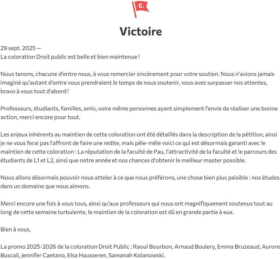 🔴 VICTOIRE : la coloration Droit Public de la 3ème année de licence de droit de l'UPPA est maintenue sur le campus de Pau !
✊ La mobilisation a payé ! L'austérité n'est pas une fatalité !

#austerité #budget #esr #université #uppa #pau #paumaville