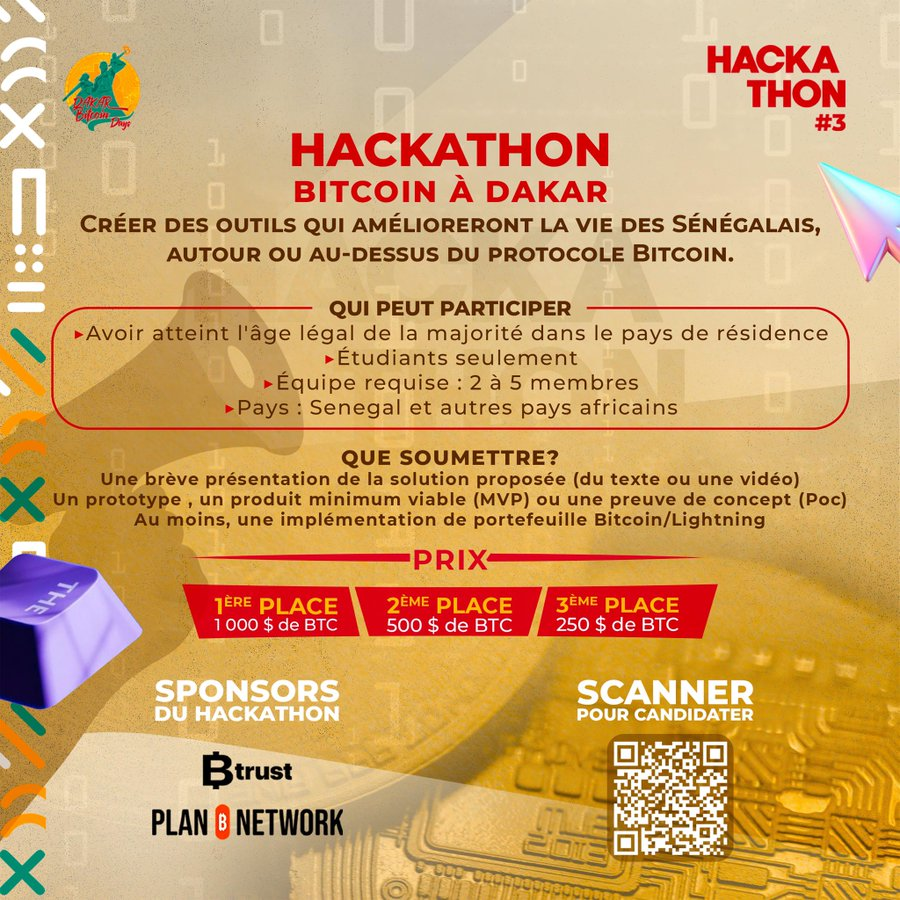 planb_network's tweet image. Bitcoin Dakar Days is back for its 3rd edition 🇸🇳
We are powering their live learning lectures leading up to the hackathon Oct 29–31.
It kicked off with a deep dive into Bitcoin Core!
📺 Catch the replay: youtube.com/live/khwmNdUBU…
💬 Join the @dakarbtcdays' journey on Discord:…