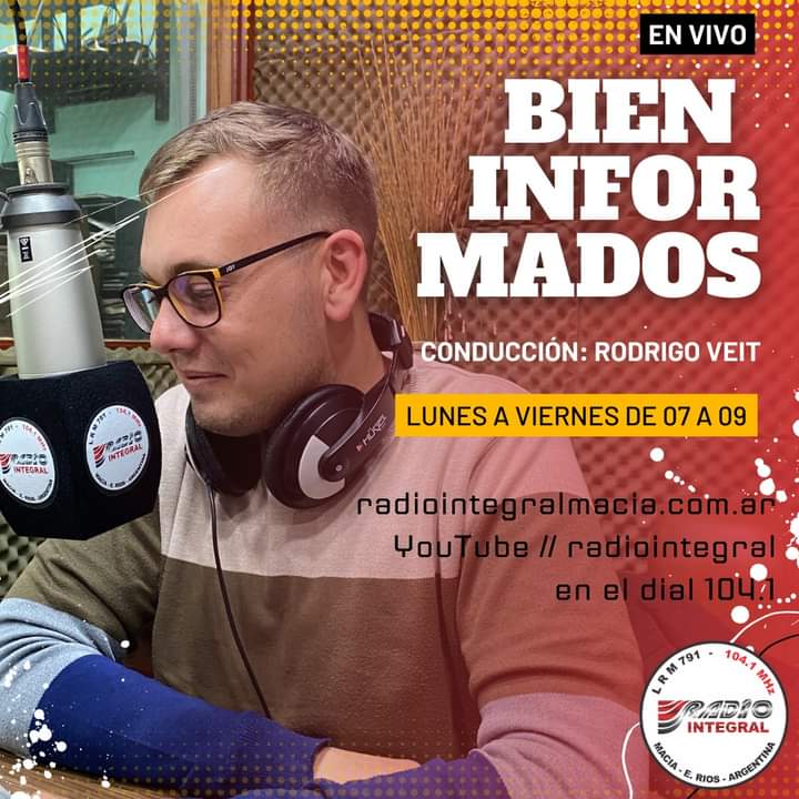 📻🎙️ #AHORA en Radio Integral Maciá

🗞️ Bien Informados, con la conducción de <a href="/RodrigoVeit1/">Rodrigo Veit</a>, hasta las 9:00. Los primeros títulos del día, entrevistas y buena compañía

🔴 Seguinos en vivo por:

- 104.1 MHz
- radiointegralmacia.com.ar
- Canal 10 (Telema)
- youtube.com/live/wWiIRtOgY…