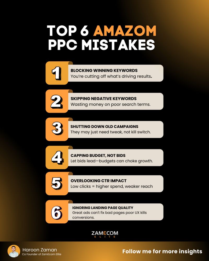 MHaroon_Zaman's tweet image. 📊 Avoid these Top 6 Amazon PPC Mistakes to save ad spend & boost sales!
🔖 Save this cheat sheet
♻️ Share to remind your network
👉 Follow @MHaroon_Zaman for daily insights 🔔
#AmazonPPC #PPCMistakes #AmazonFBA #EcommerceTips #MuhammadHaroonZaman #ZamEcomElite