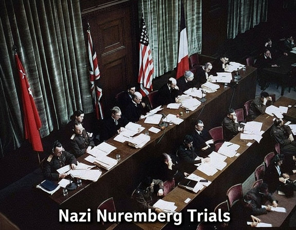 pycpim's tweet photo. On October 1, 1946 the main Nuremberg trials concluded, marking a pivotal moment in the pursuit of justice. After countless court sessions, verdicts were delivered for 22 of the 24 defendants, ensuring accountability for Nazi war criminals. #ArrestNetanyahu #BanAzov #WWII #CPIM https://t.co/A7ebp84epA