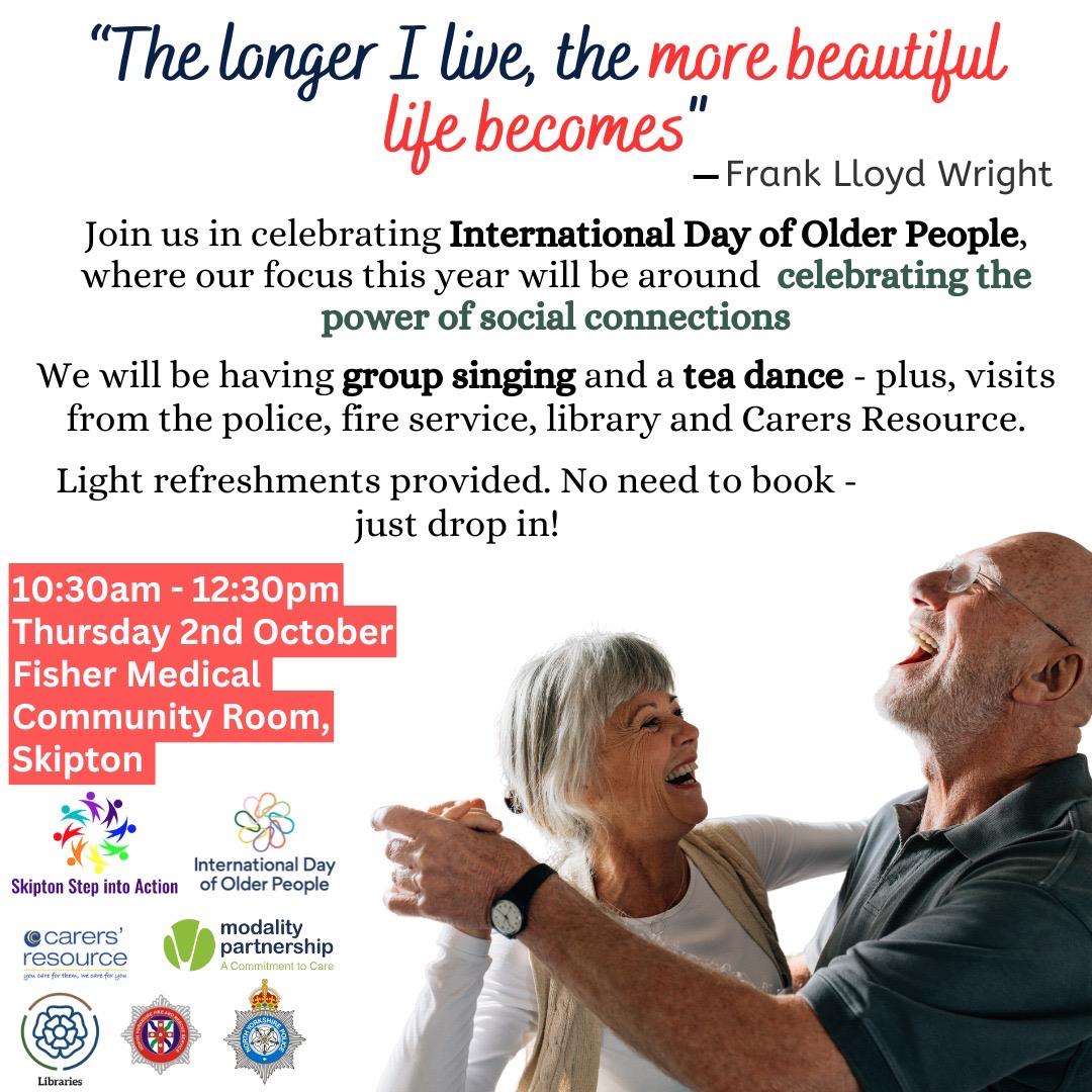 Calling Skipton residents! 
Please join us in celebrating International Day of Older People - Fisher Medical Centre Community Room Skipton, singing, tea dance, celebrations!
#IDOP25