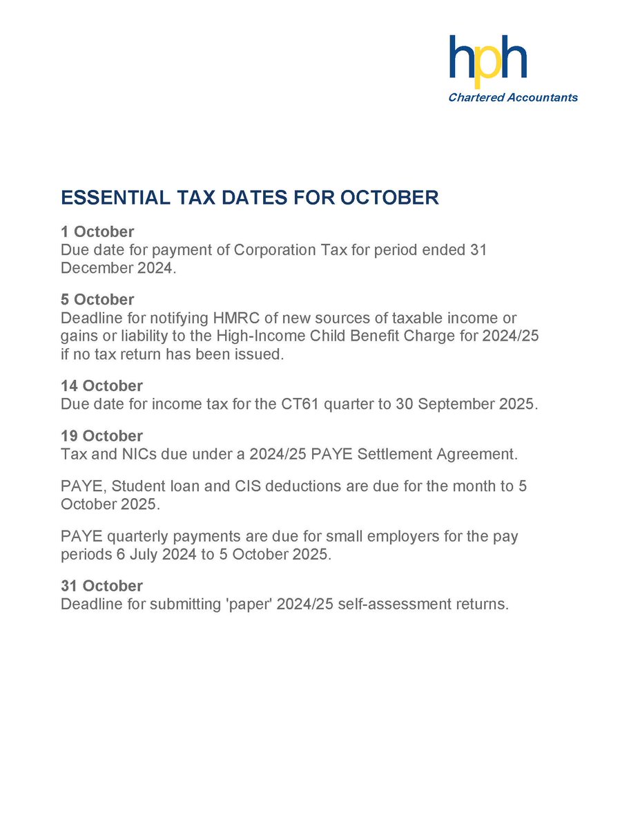 Essential Tax Dates for October ... #HPH #tax #accountants