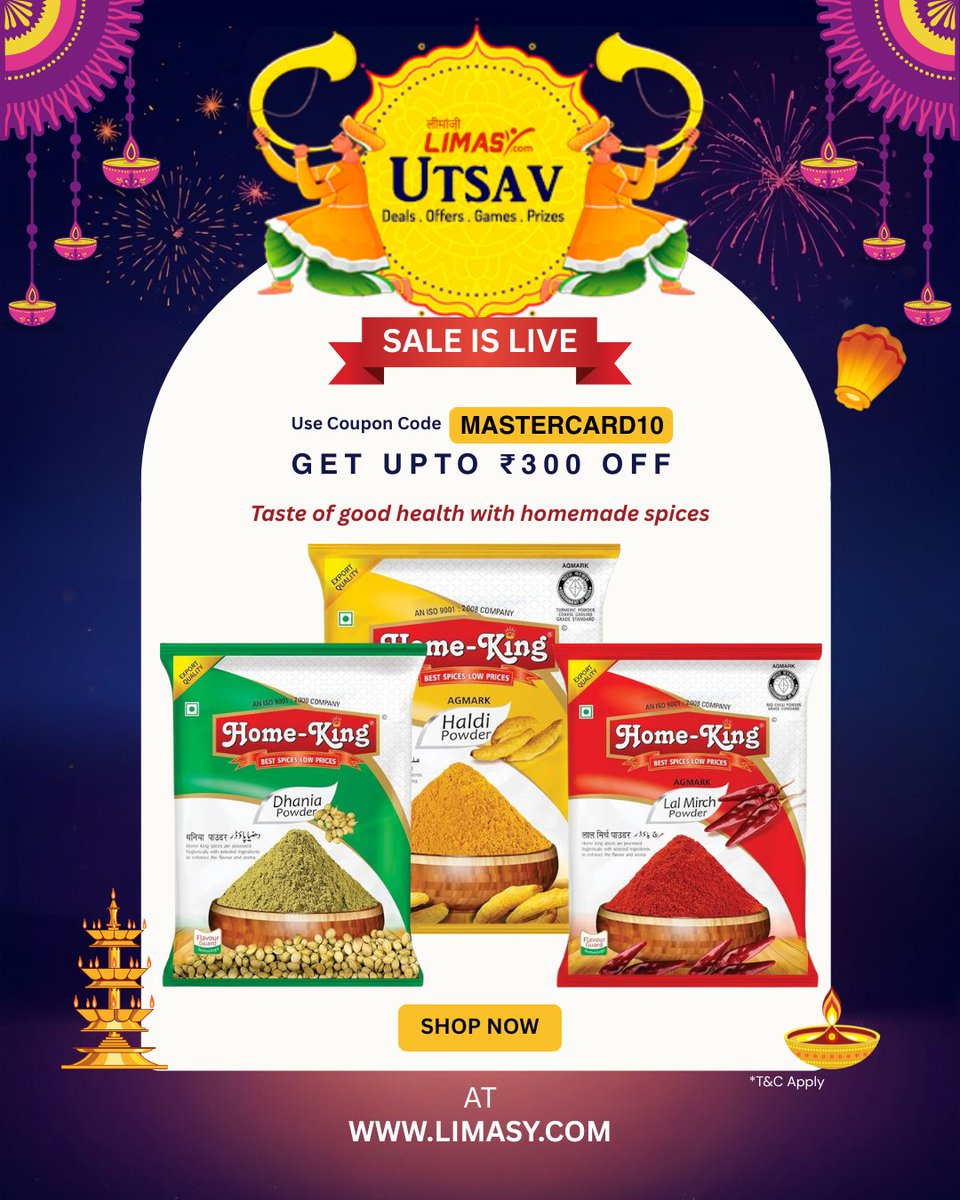 LimasyOnline's tweet image. 📷 This festive season, add the taste of tradition to every dish with Home-King spices!
📷 Good health, rich flavor, and homemade goodness—delivered to you.
📷 Shop now at limasy.com and grab upto ₹300 OFF with code MASTERCARD10.
#Lalmirchi #RedChilliPowder