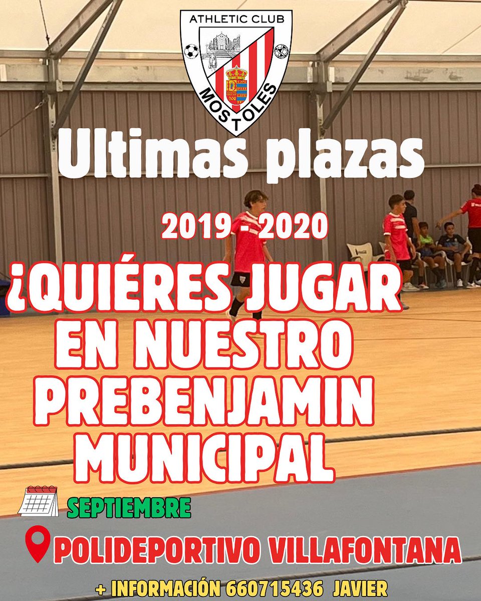 ATENCIÓN! 🚨 
¡Quieres unirte a nuestro PREBENJAMÍN MUNICIPAL ! ⚽🔥 

📲 Más info y contacto: 660715436 Javier

¡No pierdas la oportunidad de unirte a un club en crecimiento, con trabajo serio y mucha pasión por el futsal! 🔴⚪ Únete a la alternativa