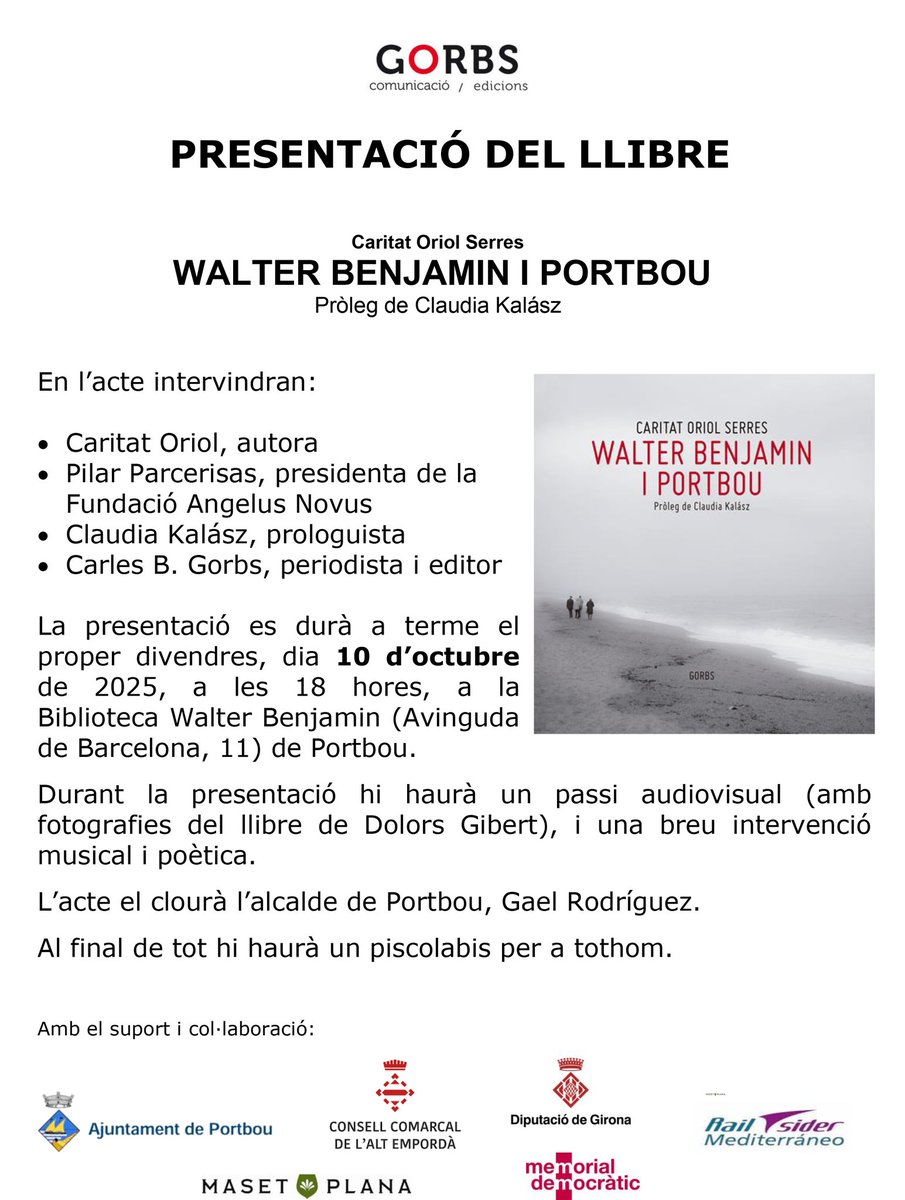Presentació del llibre "Walter Benjamin i Portbou" de Cari Oriol i editat per GORBS a Potbou.