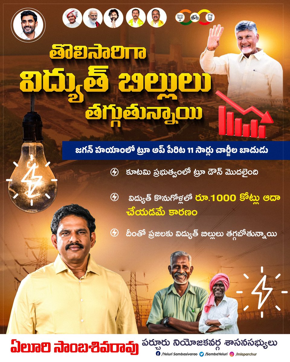 SambaYeluri's tweet photo. తొలిసారిగా కరెంటు చార్జీలు తగ్గడం చూస్తున్నాం. అది చంద్రబాబు గారికే సాధ్యం. 

#PowerPayBackInAP 
#IdhiManchiPrabhutvam
#ChandrababuNaidu #NaraLokesh
#YeluriSambasivaRao #MLAParchur 
#AndhraPradesh https://t.co/gwoVk9gOQk