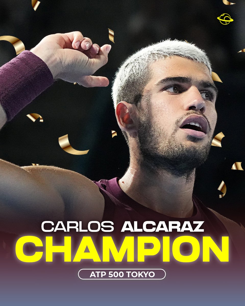 UniversTennis's tweet photo. ALCARAZ CHAMPION À TOKYO 👑

Carlos Alcaraz domine Taylor Fritz en finale du tournoi ATP 500 de Tokyo (6-4, 6-4) et décroche le 24e titre de sa carrière, le 8e en 2025. 🤯

Le n°1 mondial égale Zverev au record du plus grand nombre de titres parmi les joueurs nés après 1990. 🏆